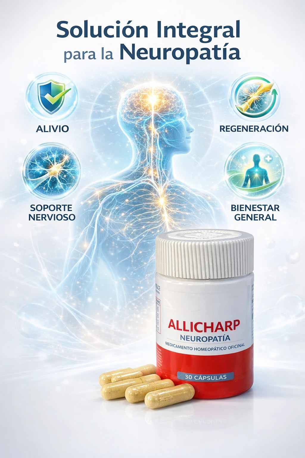Allicharp para Neuropatía, Tratamiento de Neuropatía con Ácido Lipoico (ALA), Metilsulfonilmetano (MSM), Vitaminas Complejo B6 B12 C D3 E, para Recuperar Nervios, Mejorar Movilidad, 30 Cápsulas (1)