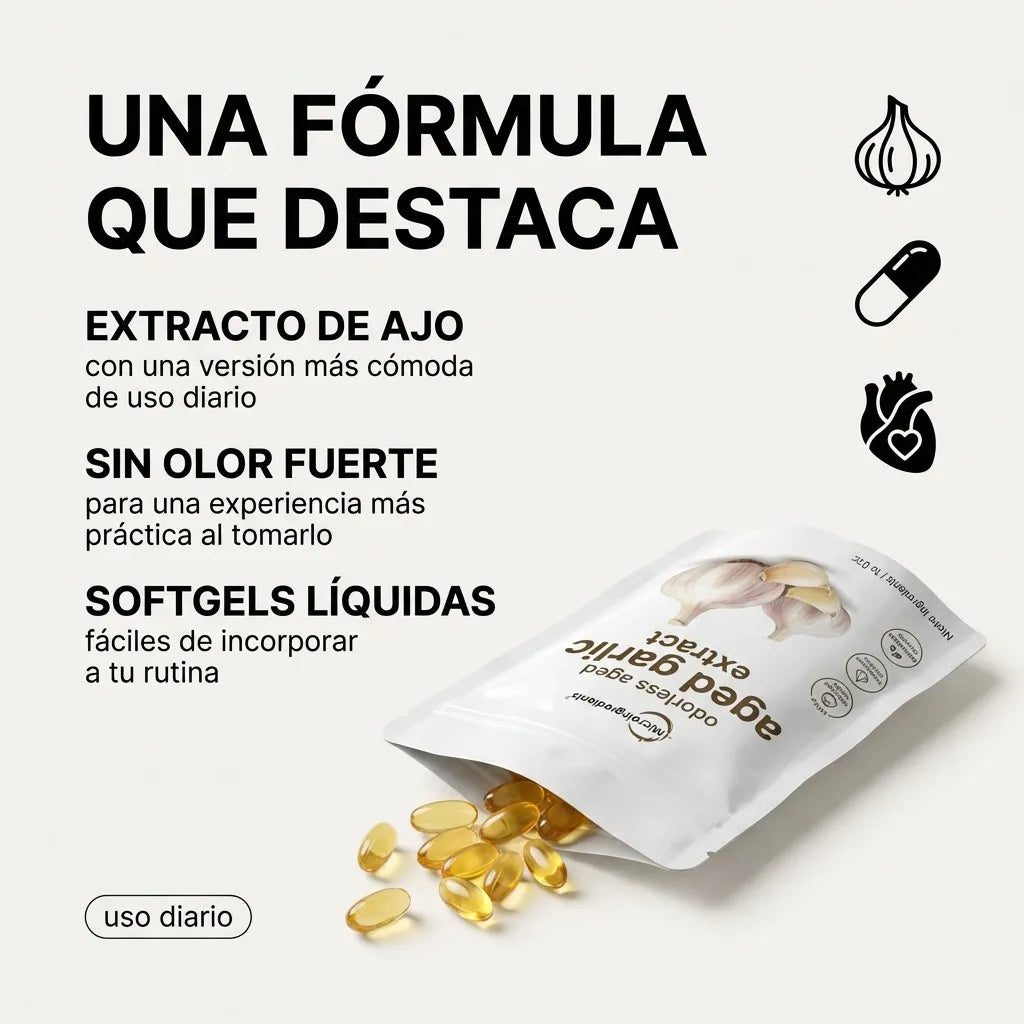 Extracto de AJO ENVEJECIDO SIN OLOR - Mejora tu circulación, cuida tu corazón. 100 cápsulas blandas
