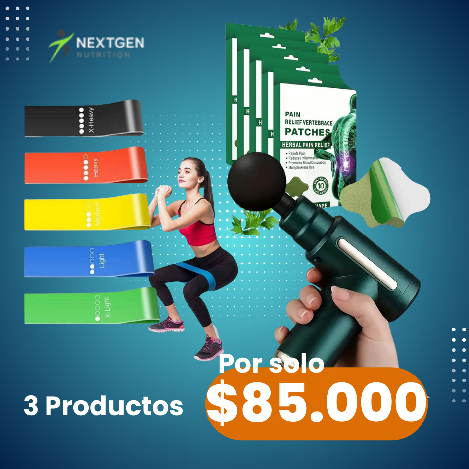 BANDAS DE RESISTENCIA + MASAJEADOR CORPORAL + PARCHE PARA ALIVIAR EL DOLOR